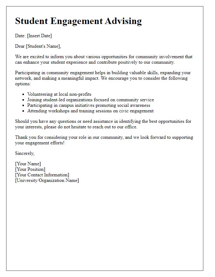 Letter template of student engagement advising for community involvement.