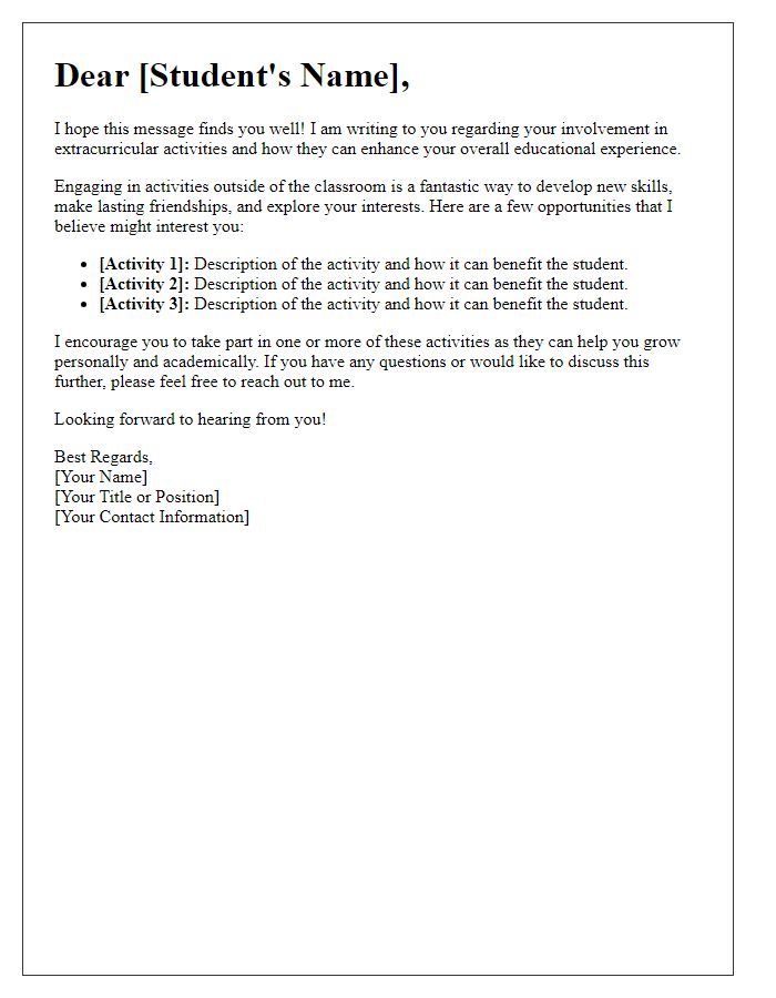 Letter template of student engagement advising for extracurricular activities.