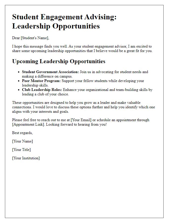 Letter template of student engagement advising for leadership opportunities.