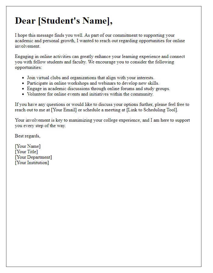 Letter template of student engagement advising for online involvement.