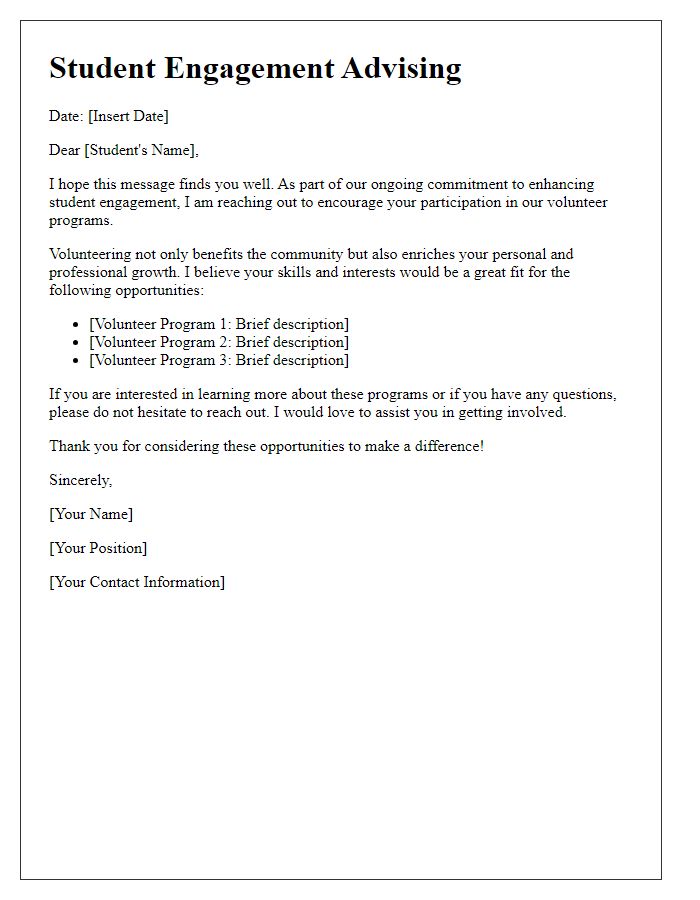 Letter template of student engagement advising for volunteer programs.