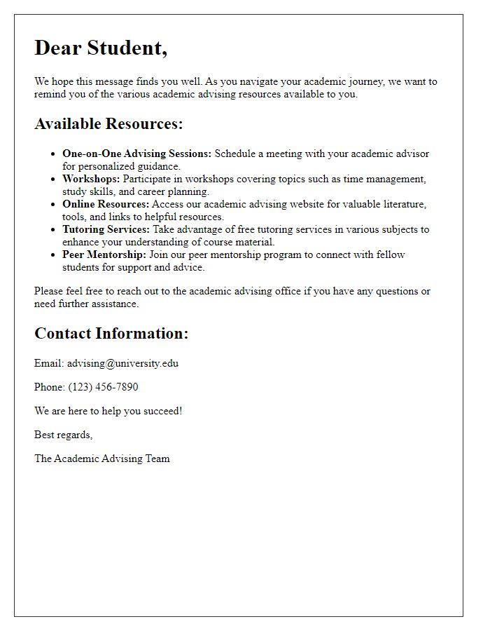 Letter template of academic advising resources for students