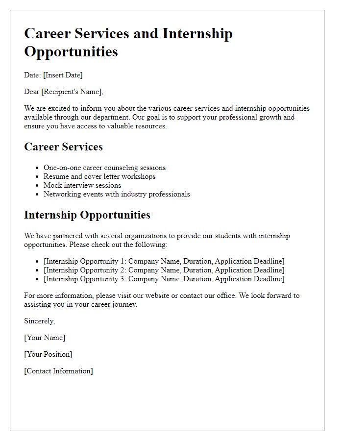 Letter template of career services and internship opportunities