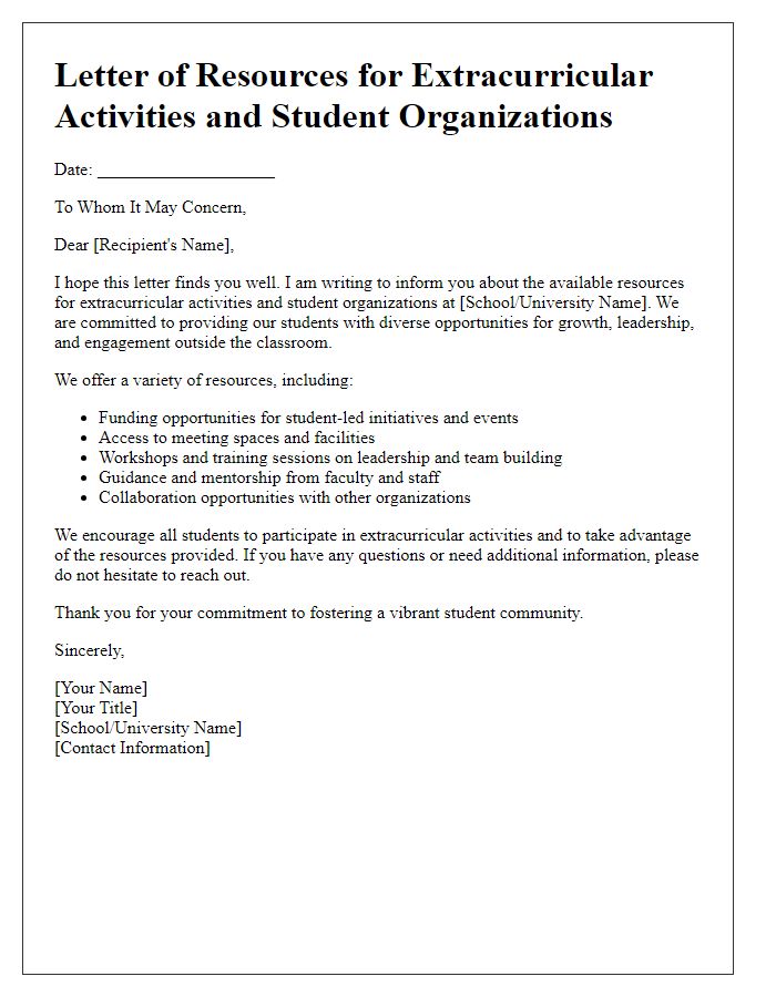 Letter template of extracurricular and student organization resources