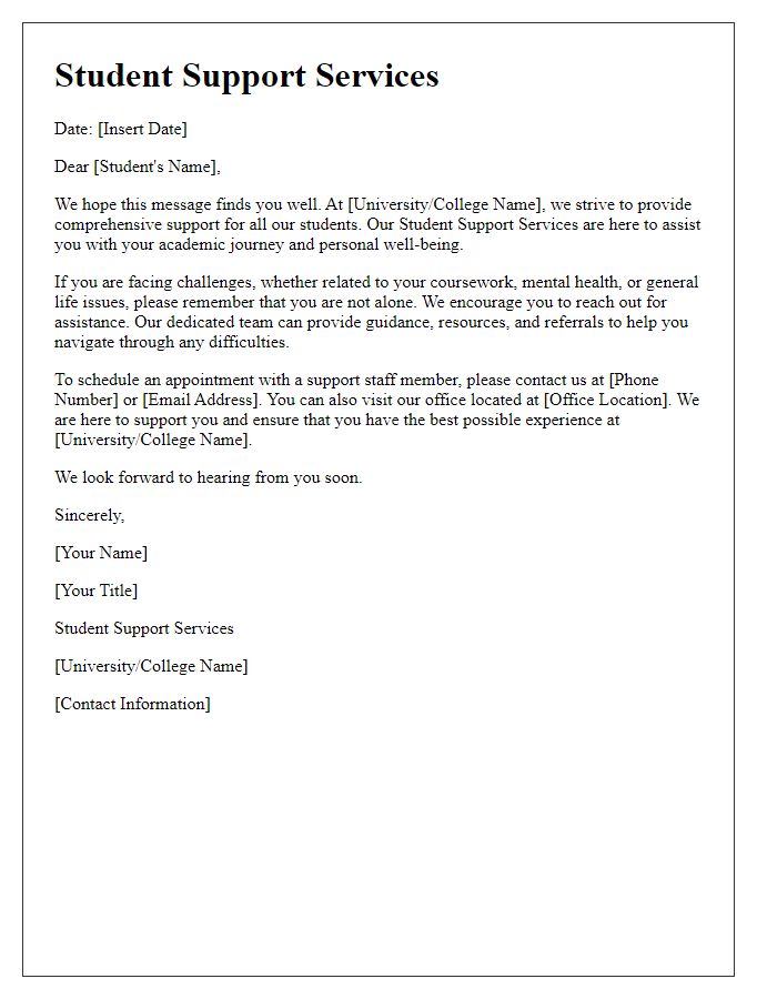 Letter template of student support services on campus