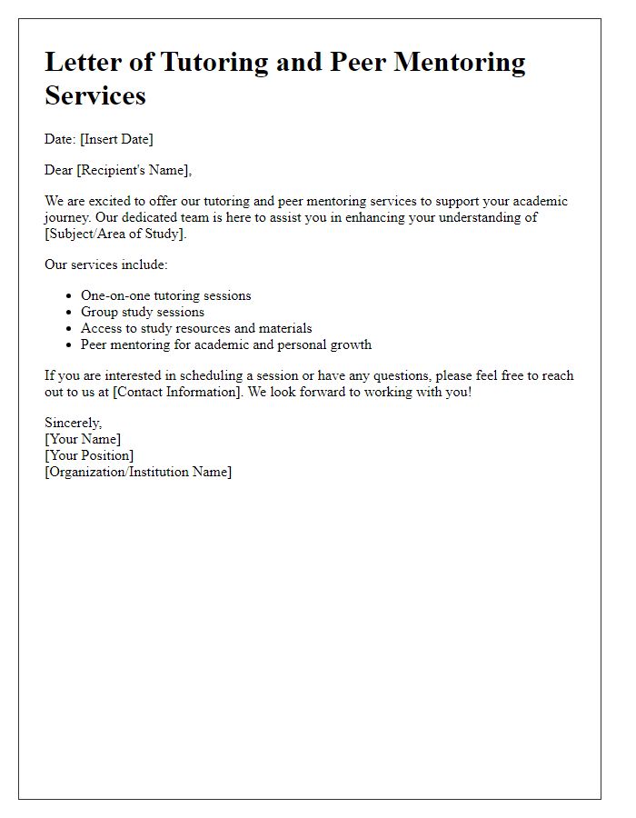 Letter template of tutoring and peer mentoring services