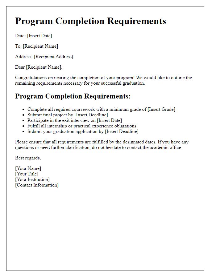 Letter template of program completion requirements