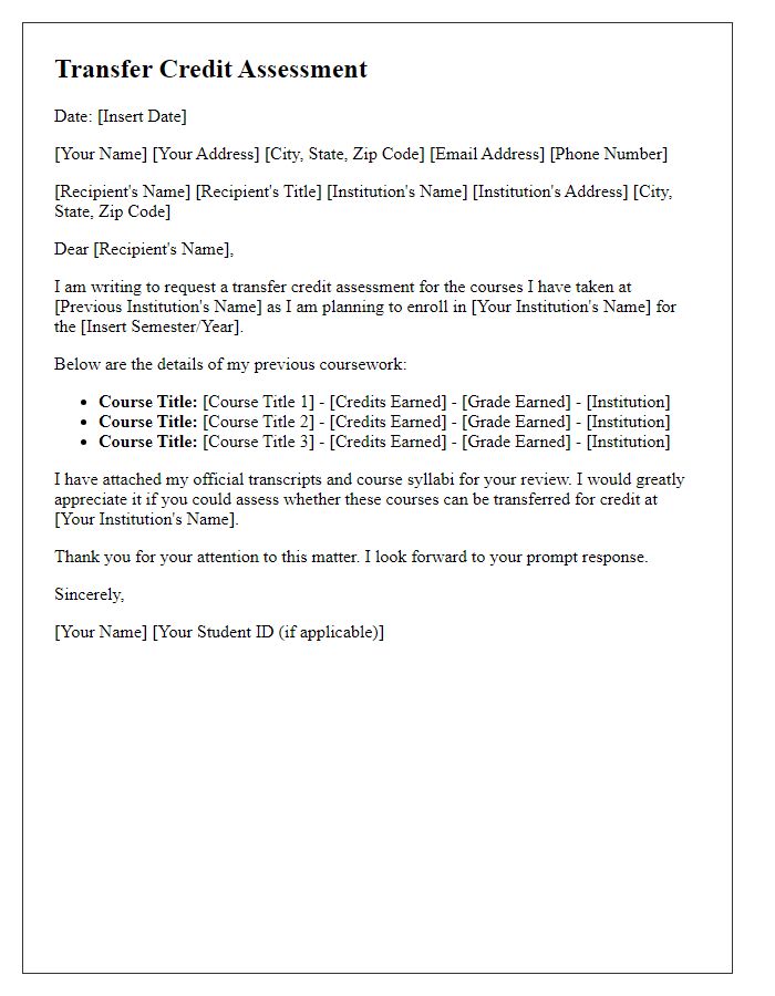 Letter template of transfer credit assessment