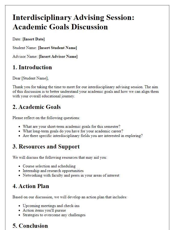 Letter template of academic goals discussion during interdisciplinary advising session