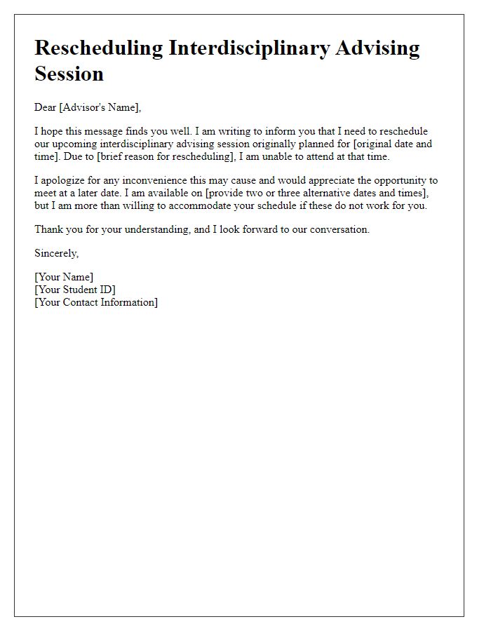 Letter template of rescheduling interdisciplinary advising session