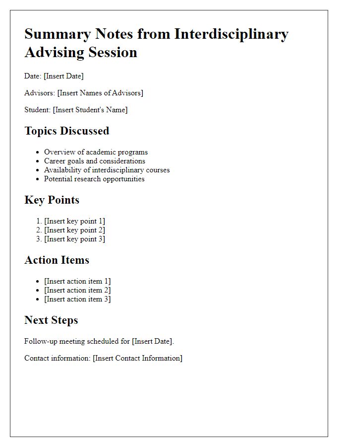 Letter template of summary notes from interdisciplinary advising session