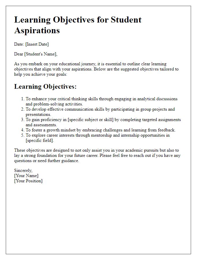 Letter template of learning objectives for student aspirations