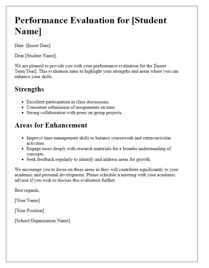 Letter template of performance evaluation for student enhancement