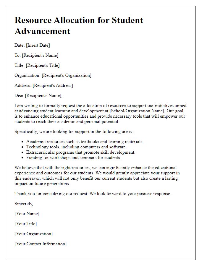 Letter template of resource allocation for student advancement