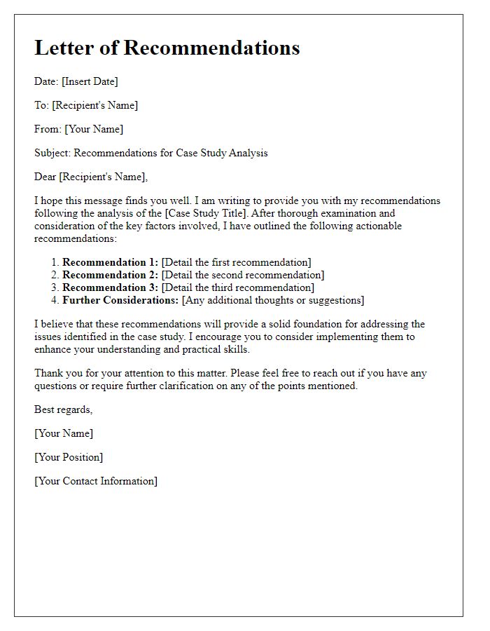 Letter template of case study analysis recommendations for students