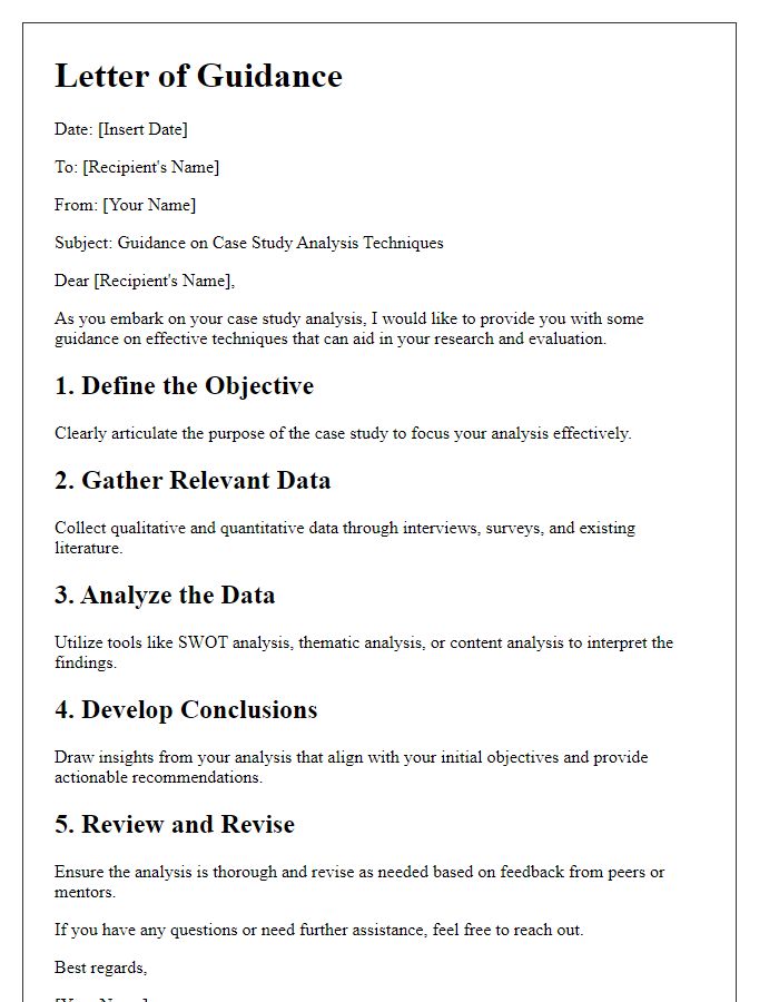 Letter template of guidance on case study analysis techniques