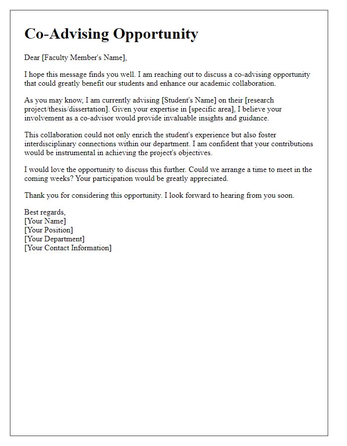 Letter template of co-advising opportunity for faculty involvement.