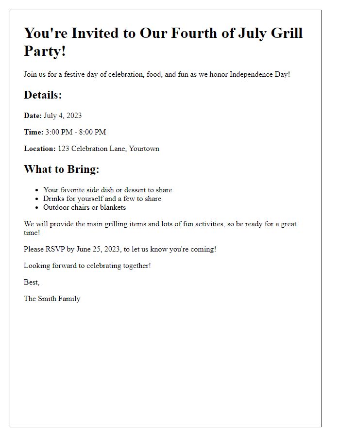 Letter template of Fourth of July grill party invitation