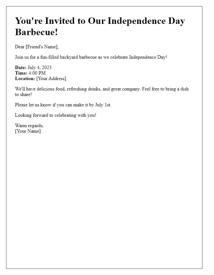 Letter template of Independence Day backyard barbecue invitation