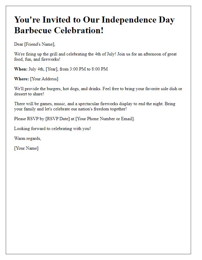 Letter template of Independence Day barbecue celebration invitation