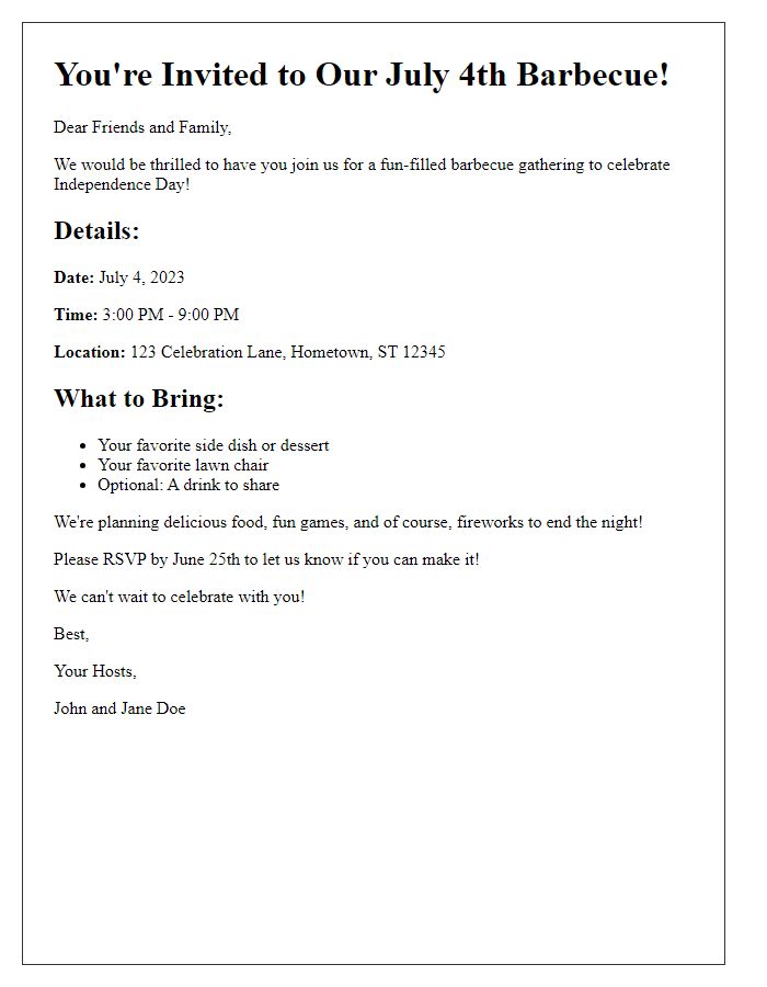 Letter template of July 4th barbecue gathering invitation