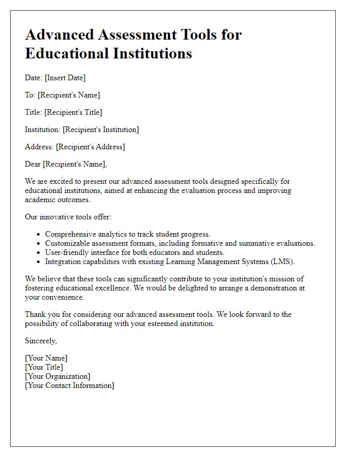 Letter template of advanced assessment tools for educational institutions.