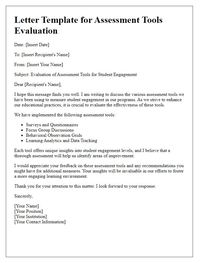 Letter template of assessment tools for measuring student engagement.