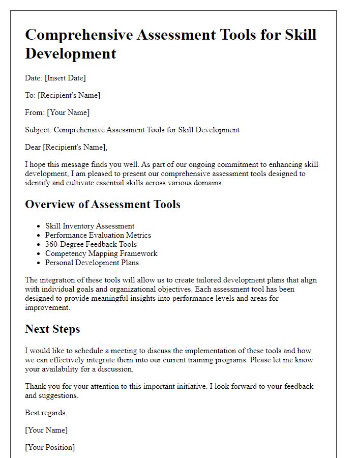 Letter template of comprehensive assessment tools for skill development.