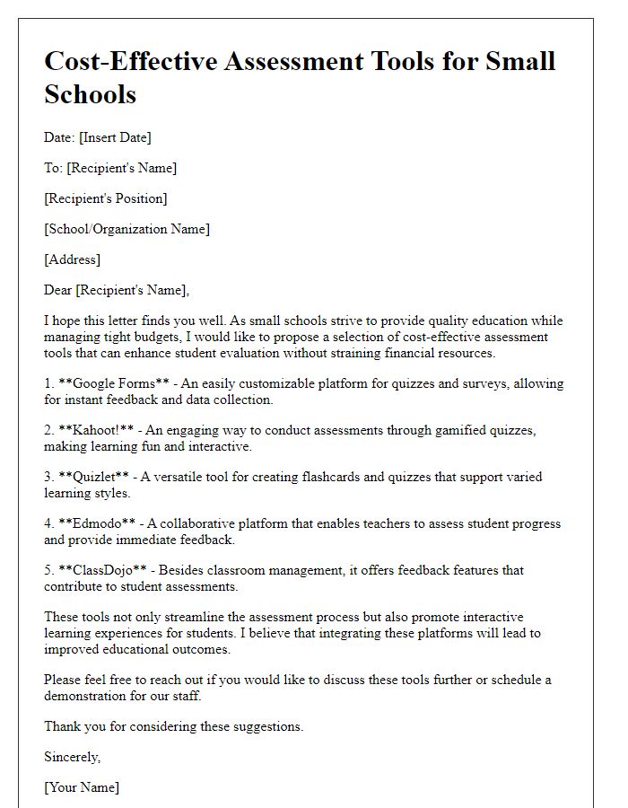 Letter template of cost-effective assessment tools for small schools.