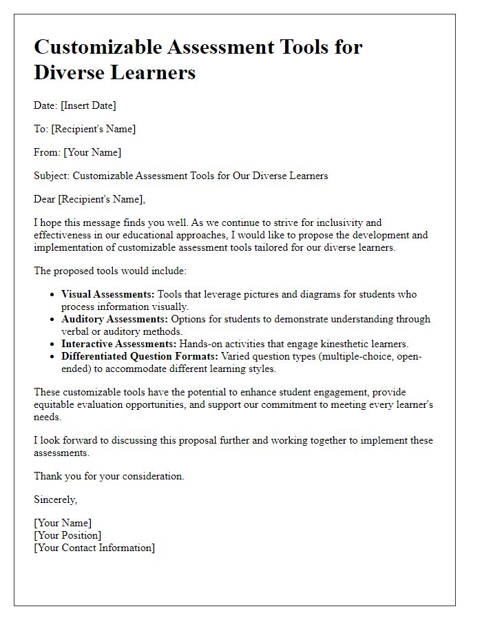 Letter template of customizable assessment tools for diverse learners.