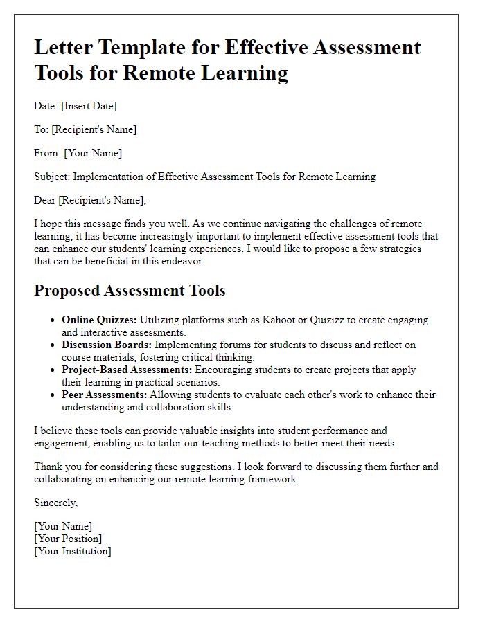 Letter template of effective assessment tools for remote learning.