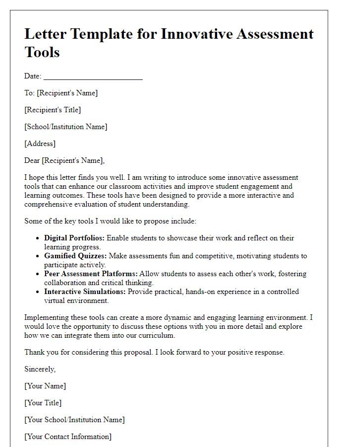 Letter template of innovative assessment tools for classroom activities.