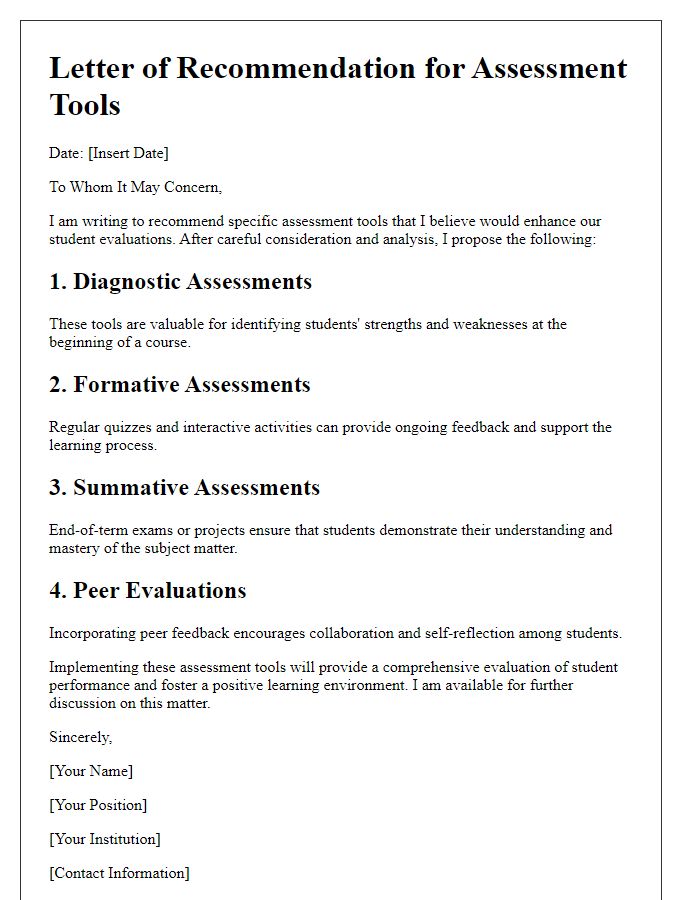 Letter template of recommended assessment tools for student evaluations.