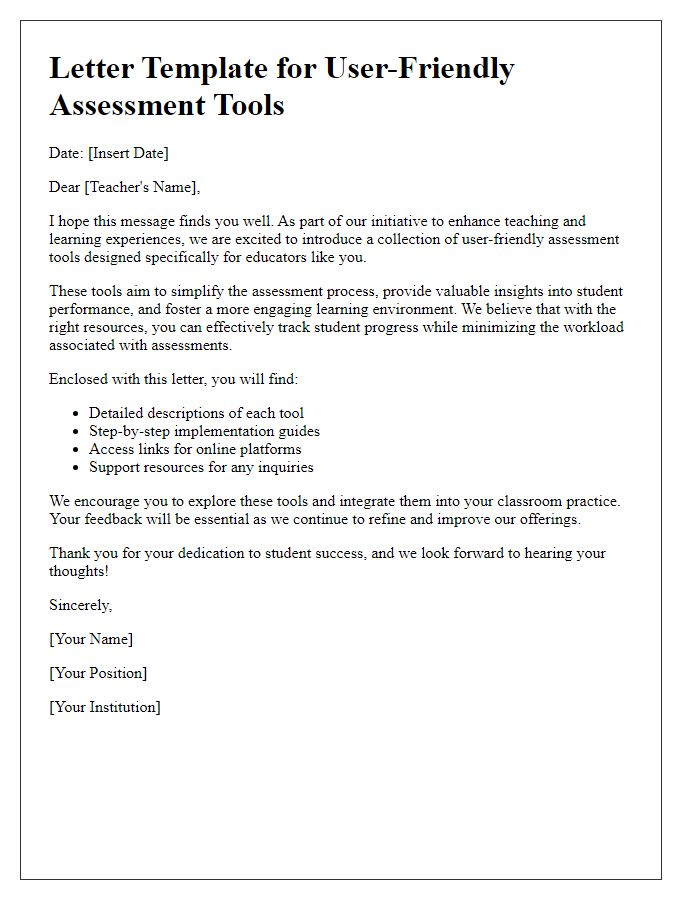 Letter template of user-friendly assessment tools for teachers.