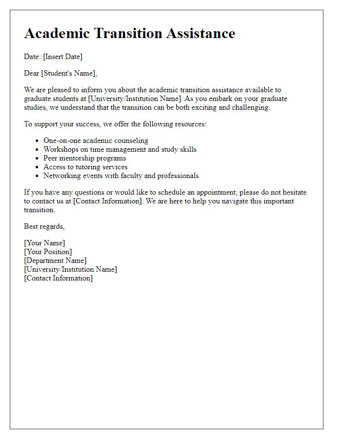 Letter template of academic transition assistance for graduate students