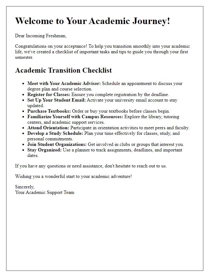 Letter template of academic transition checklists for incoming freshmen