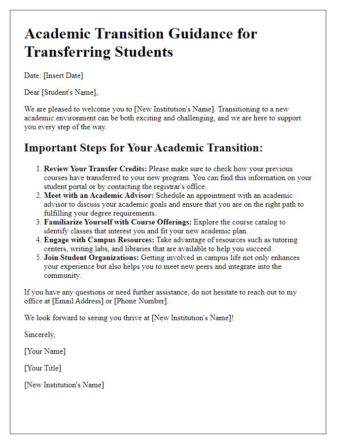 Letter template of academic transition guidance for transferring students