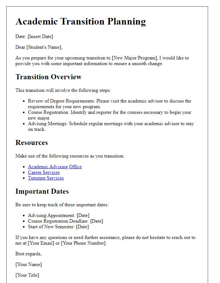 Letter template of academic transition planning for major changes