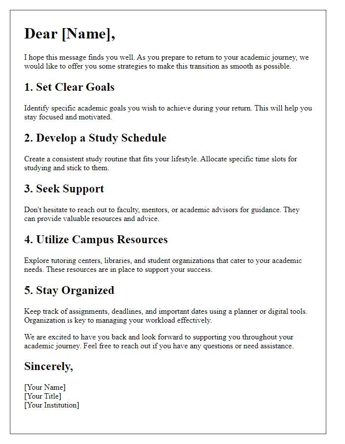 Letter template of academic transition strategies for returning learners