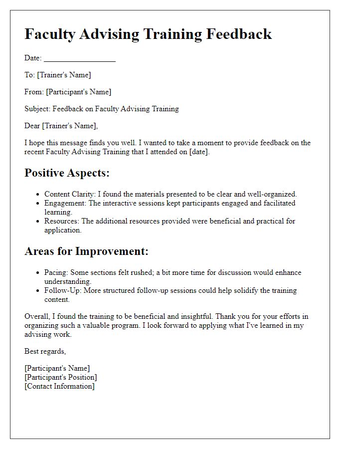 Letter template of faculty advising training participant feedback