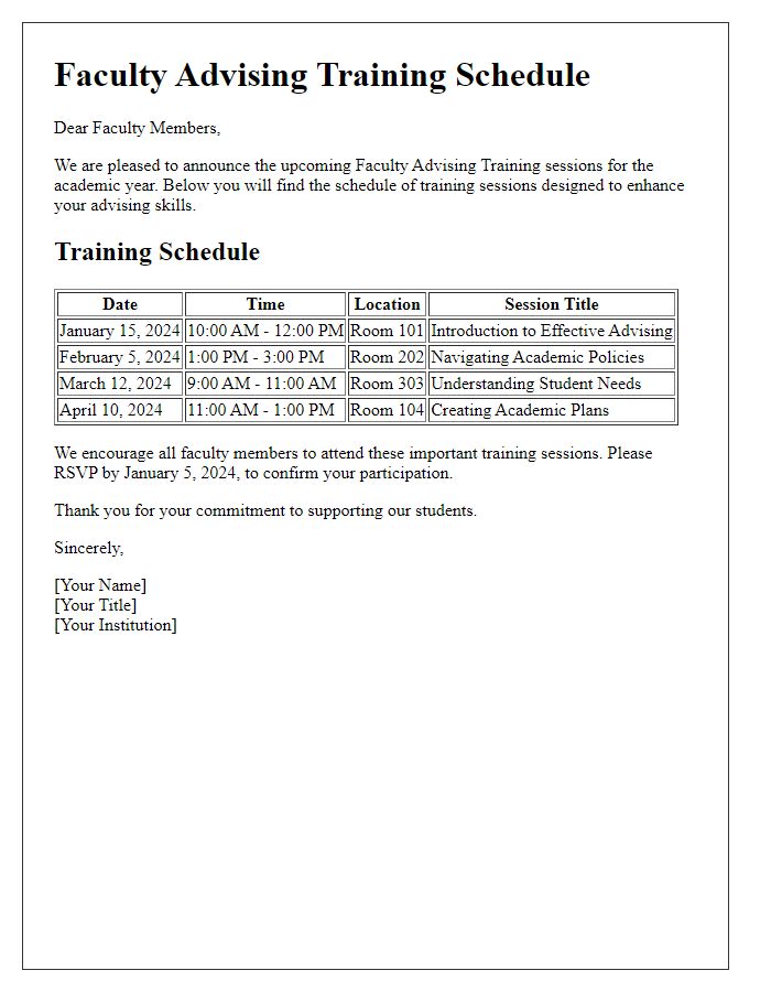 Letter template of faculty advising training schedules