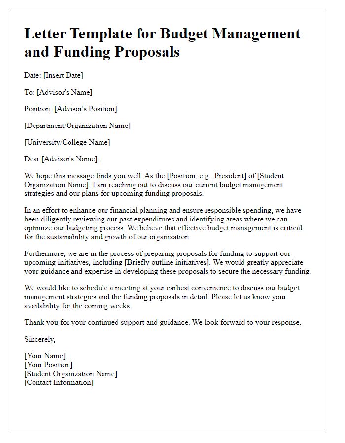 Letter template of student organization advising for budget management and funding proposals.