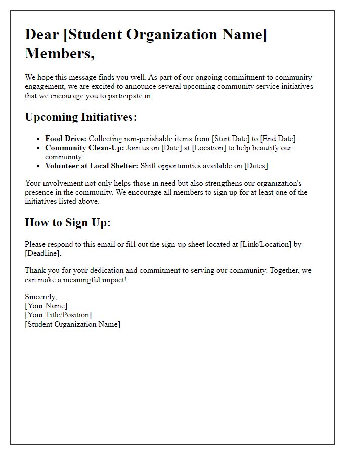 Letter template of student organization advising for community service initiatives.