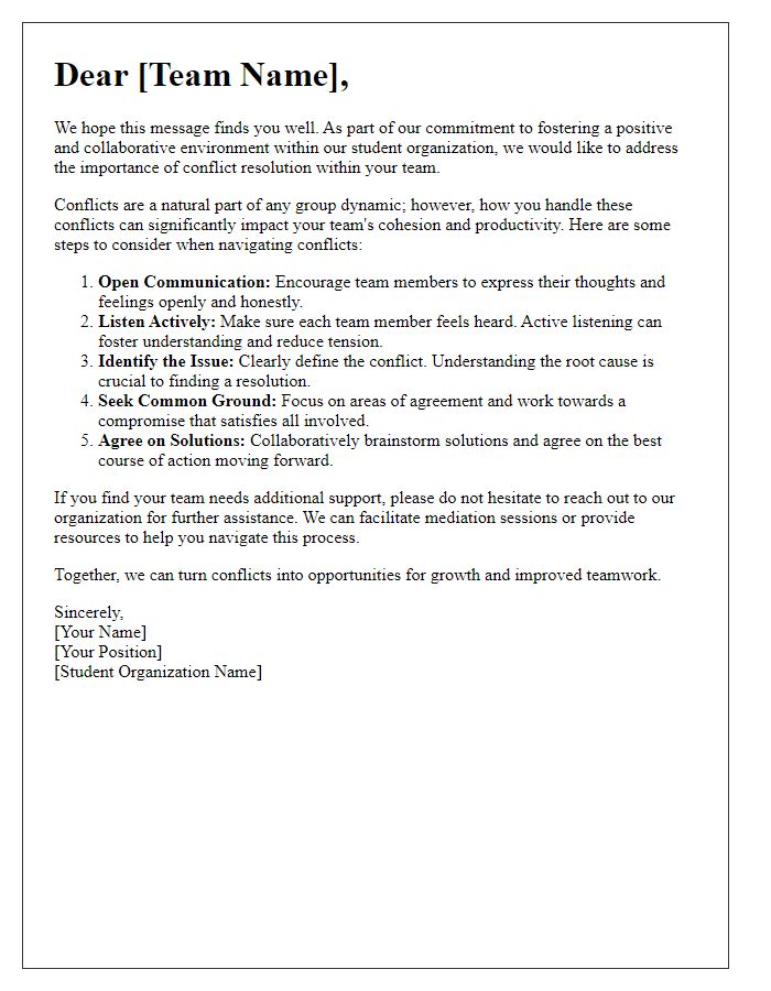 Letter template of student organization advising for conflict resolution within teams.