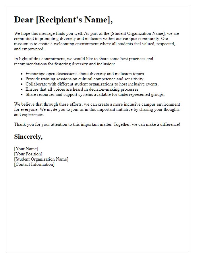 Letter template of student organization advising for diversity and inclusion practices.