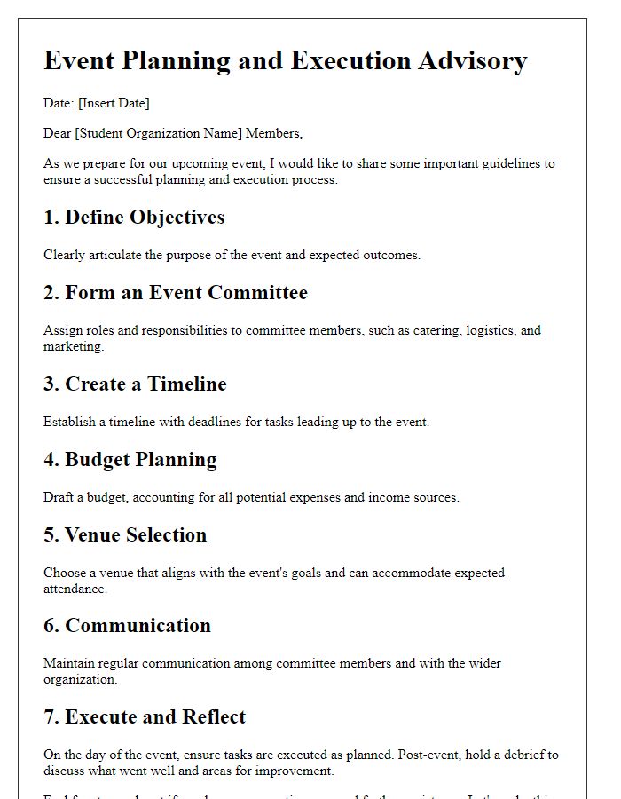 Letter template of student organization advising for event planning and execution.