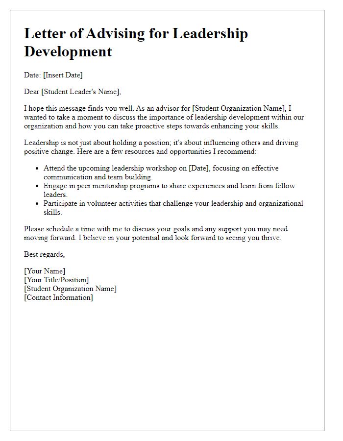 Letter template of student organization advising for leadership development.