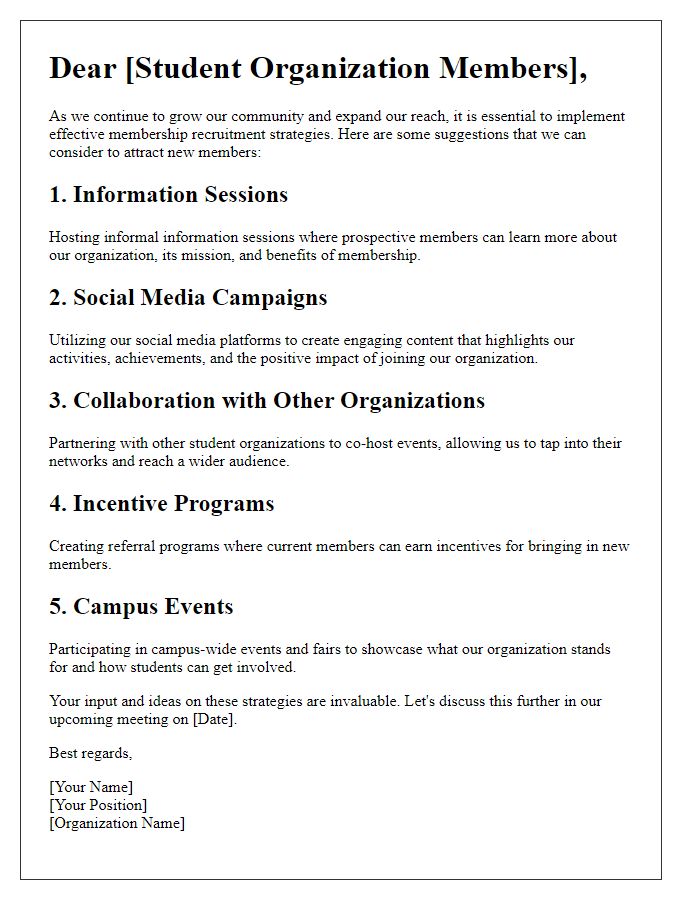 Letter template of student organization advising for membership recruitment strategies.