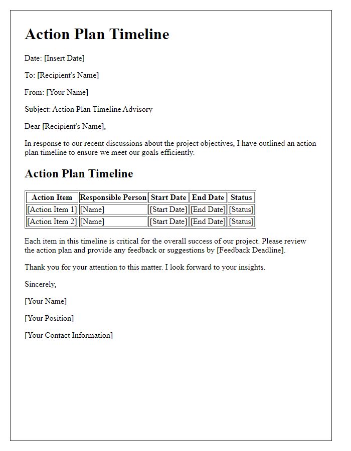 Letter template of action plan timeline advice