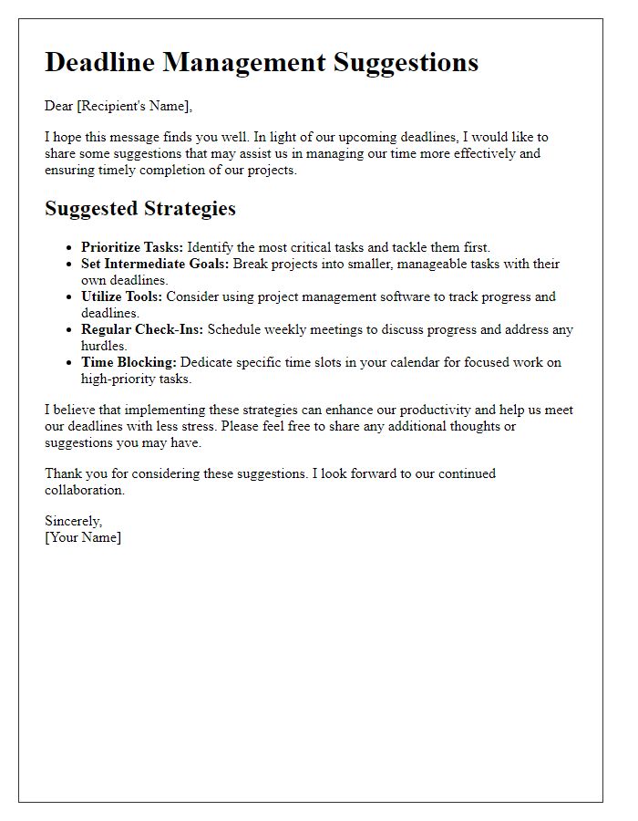 Letter template of deadline management suggestions